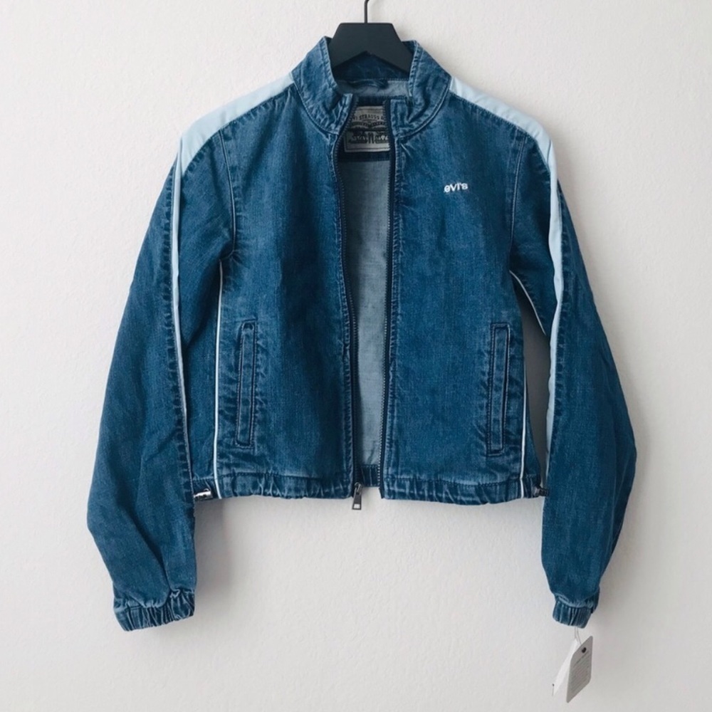 New! Levi’s Coaches Tracker Cropped Bomber Denim Jean Biker Moto Jean Jacket